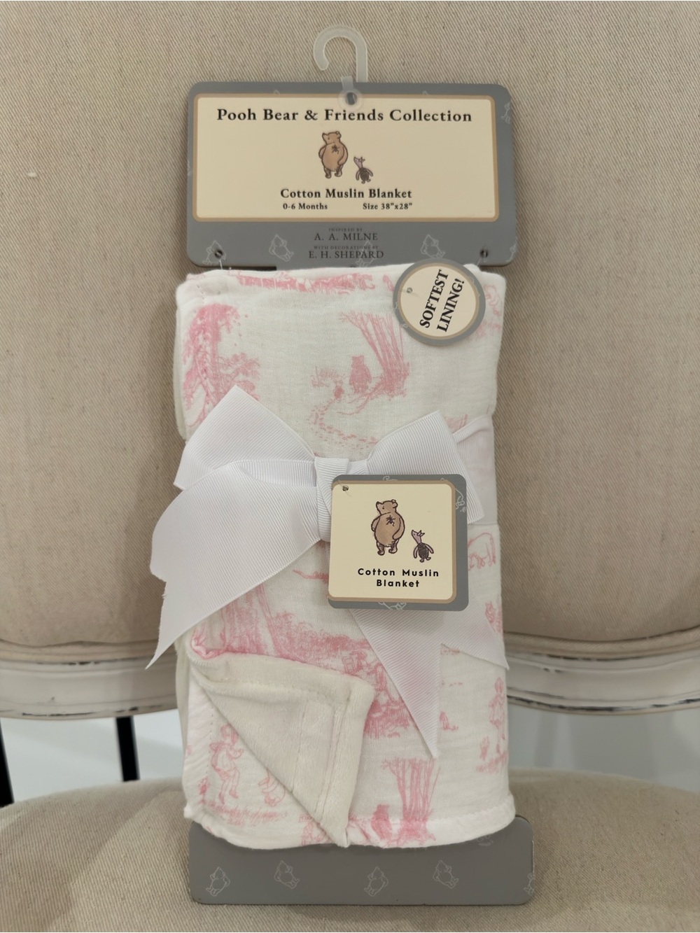 🤍 NWT Pooh Bear & Friends White & Pink Toile Cotton Muslin Baby Blanket